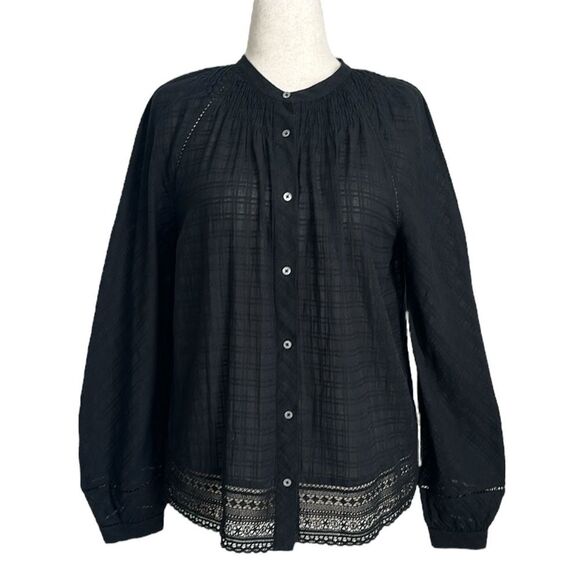 J. Crew Point Sur Lace Peasant Top Boho Long Sleeve Windowpane Black Goth Size M - Picture 1 of 11